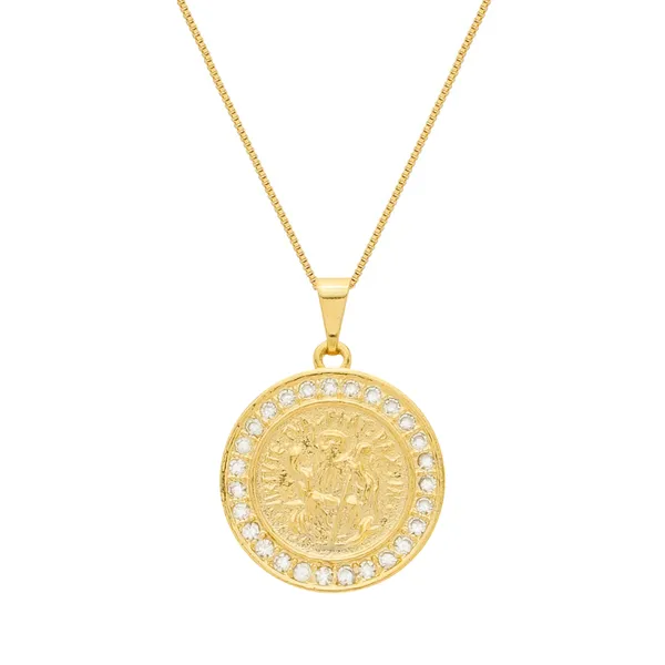Colar Dourado Medalha São Miguel Arcanjo Cravejado de Zircônia